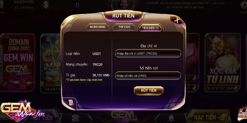 Rút tiền Gem win về ví tiền điện tử