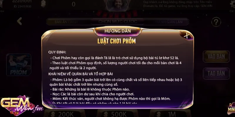 Hướng dẫn chơi bài Phỏm tại Gemwin